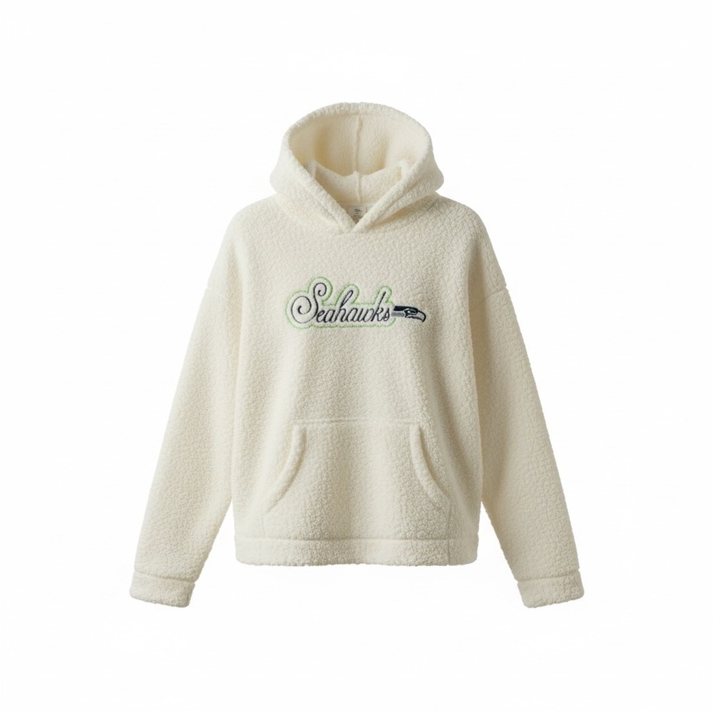 NFL Seattle Seahawks Sherpa Fleece Hoodie Cream Medium Embroidered Logo